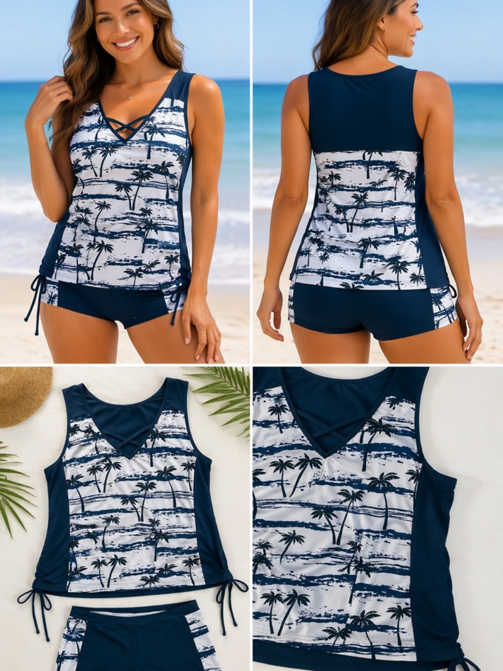 Navy & White Palm Print Tankini Set Top 2x Bottoms 1X - Picture 2 of 4
